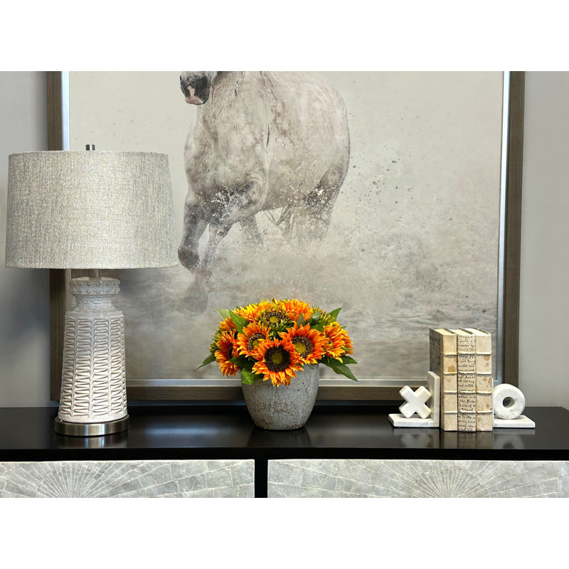 Sunflowers in Distressed Glaze Ceramic Pot, Orange