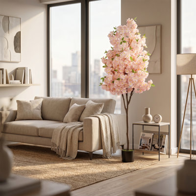 Cerisier artificiel en fleurs de 1,80 m, faux cerisier réaliste avec fleurs roses (Cerisier en fleurs de 1,80 m)
