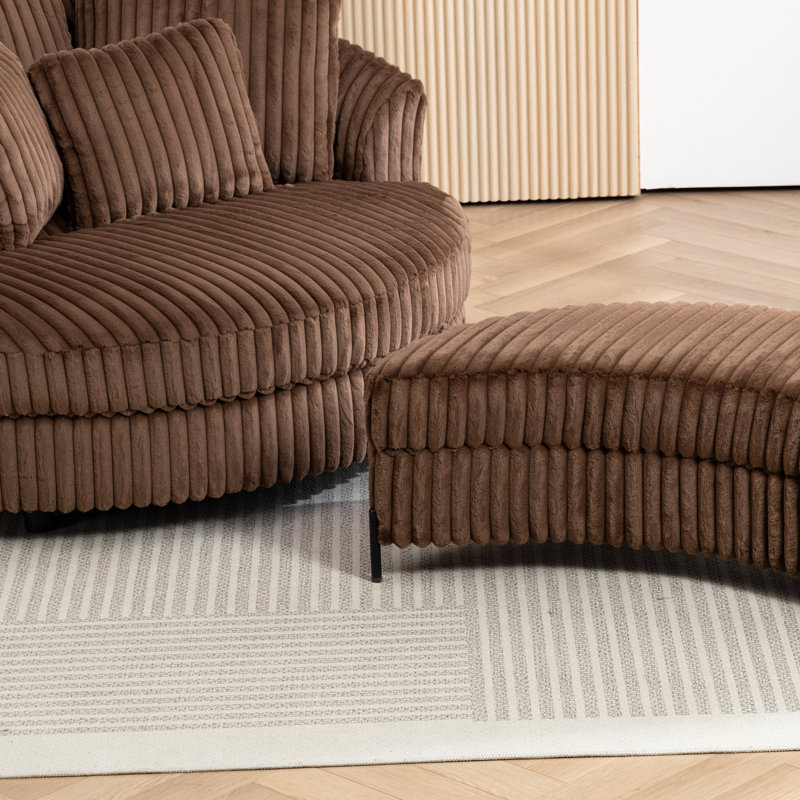 59.8" W Upholstered Oversized Slipcovered Accent Barrel Lounge Chair With Crescent Storage Ottoman, Brown Corduroy