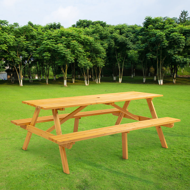 8 Person Brown Wooden Picnic Table, Outdoor Camping Dining Table with 2 Seats, Garden, DIY with 2 Built-in Benches, 2220lb Capacity