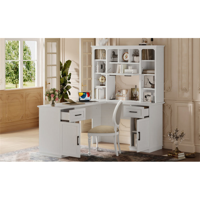 Bureau d'ordinateur en L avec 2 armoires et 2 tiroirs (sans les chaises de bureau), Blanc