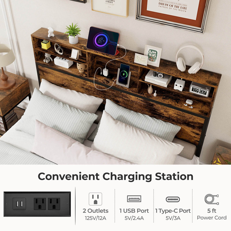 Cadre de lit avec station de charge Tête de lit Espace de rangement sous le lit, Grand
