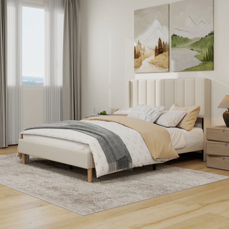 Lit plateforme tapissier moderne avec tête de lit verticale, Beige, Full