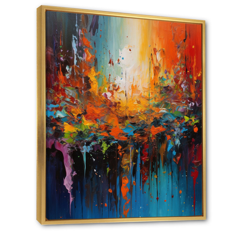 Orange, bleu sarcelle, fusion cubiste, art sur toile, H 32 po x l 16 po x P 1 po, Cadre flottant doré