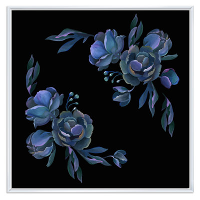 Bouquet de fleurs grises et bleues, feuilles sur fond noir - impression traditionnelle sur bois