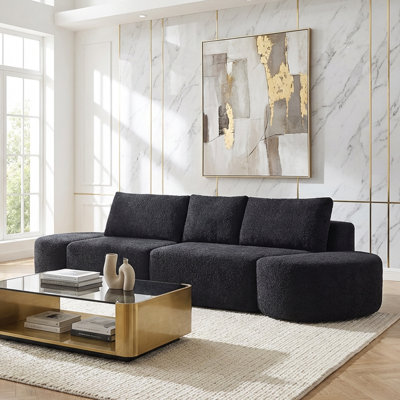 Ensemble de canapé modulaire à gauche en forme de V de 106,3 pouces en chenille avec trois coussins décoratifs et deux repose-pieds courbés, beige