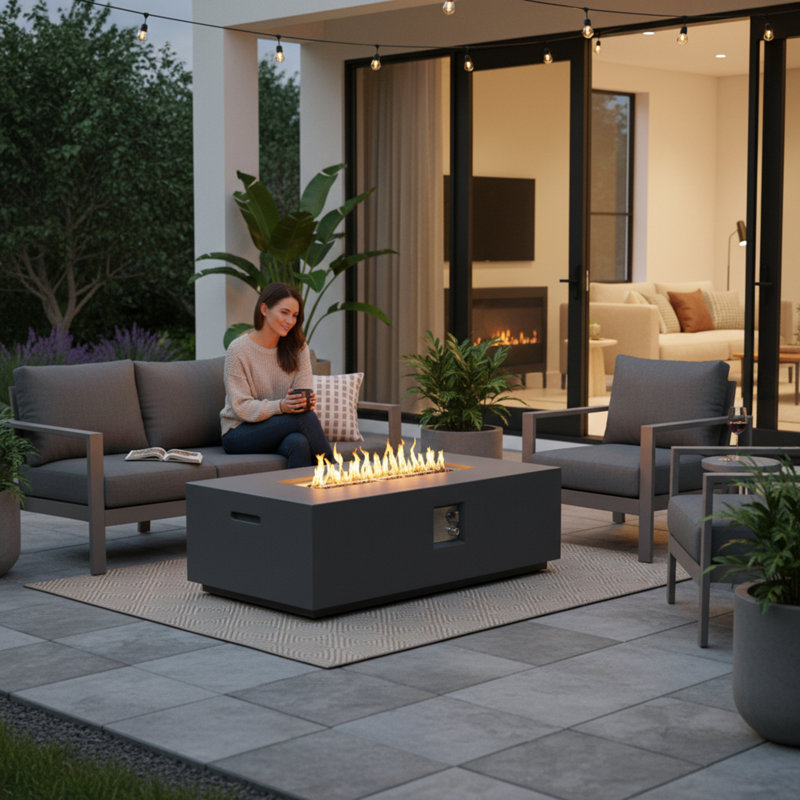 Foyer de table en béton au propane / gaz naturel, H 16 po x l 20 po x P 42 po, Gris anthracite
