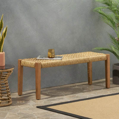 Backless Acacia Wood Bench with Faux Rattan Seat