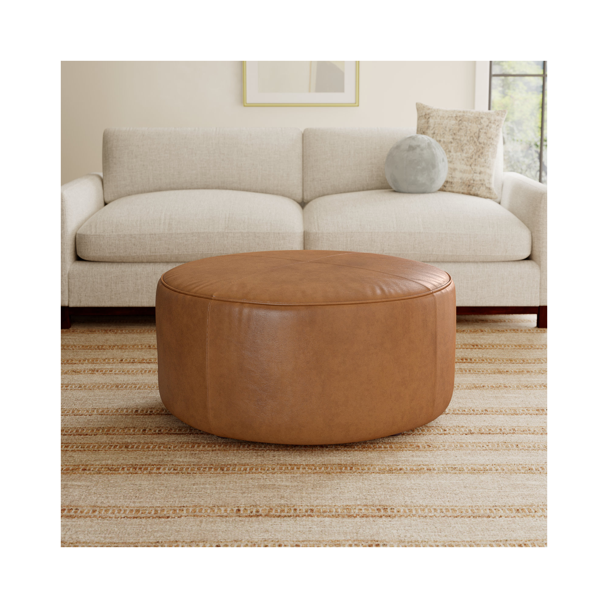 Murano 37" Genuine Leather Round Ottoman, Steamboat Caramel Genuine Leather
