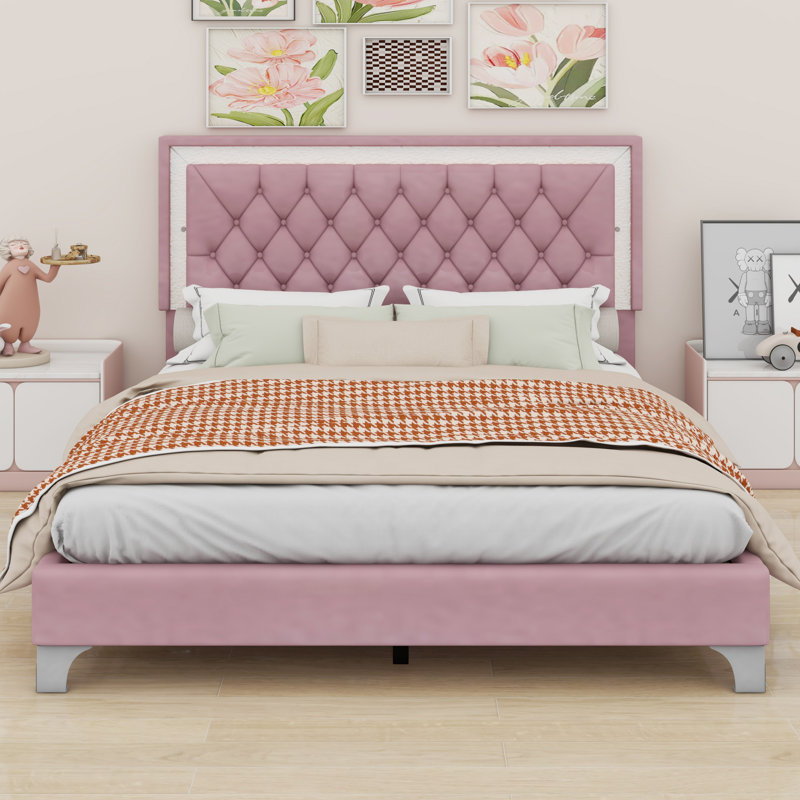 Upholstered Bed Frame With LED Lights, Pink
