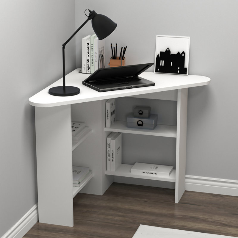 Corner Computer Desk with Shelves, White