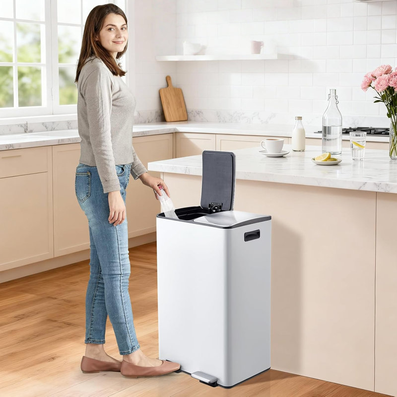 Poubelle double, poubelle de cuisine en acier inoxydable 16 gallons (2 x 30 l) avec couvercle et seau intérieur, poubelle à double compartiment et corbeille avec pédale pour bureau à domicile