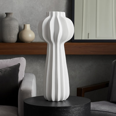Samo Decorative Vase, Textured Body Bulb Accent,  White Resin