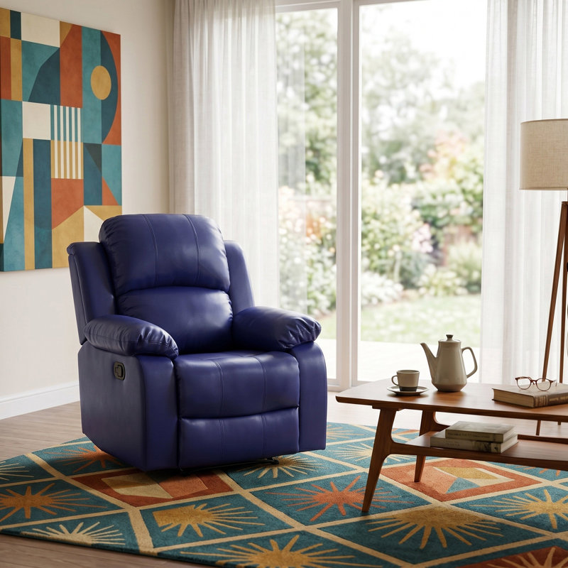 Dark Blue Vegan Leather Manual Recling Chair, Blue Faux Leather
