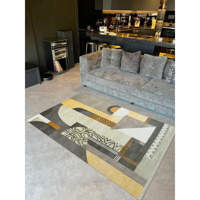 Tapis décoratif gris à motif abstrait jaune de la collection Barcelona, Rectangle 4 pi 11,06 po x 9 pi 10,11 po