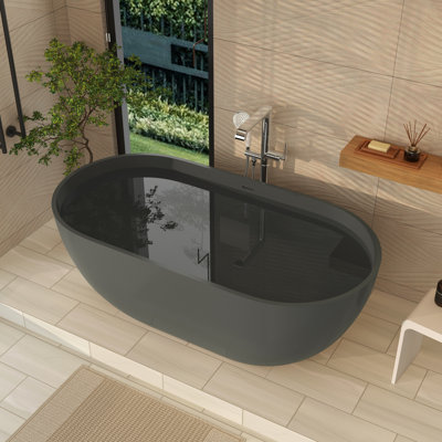Baignoire ovale autoportante CASAINC 59 po en surface solide avec bonde centrale, gris foncé
