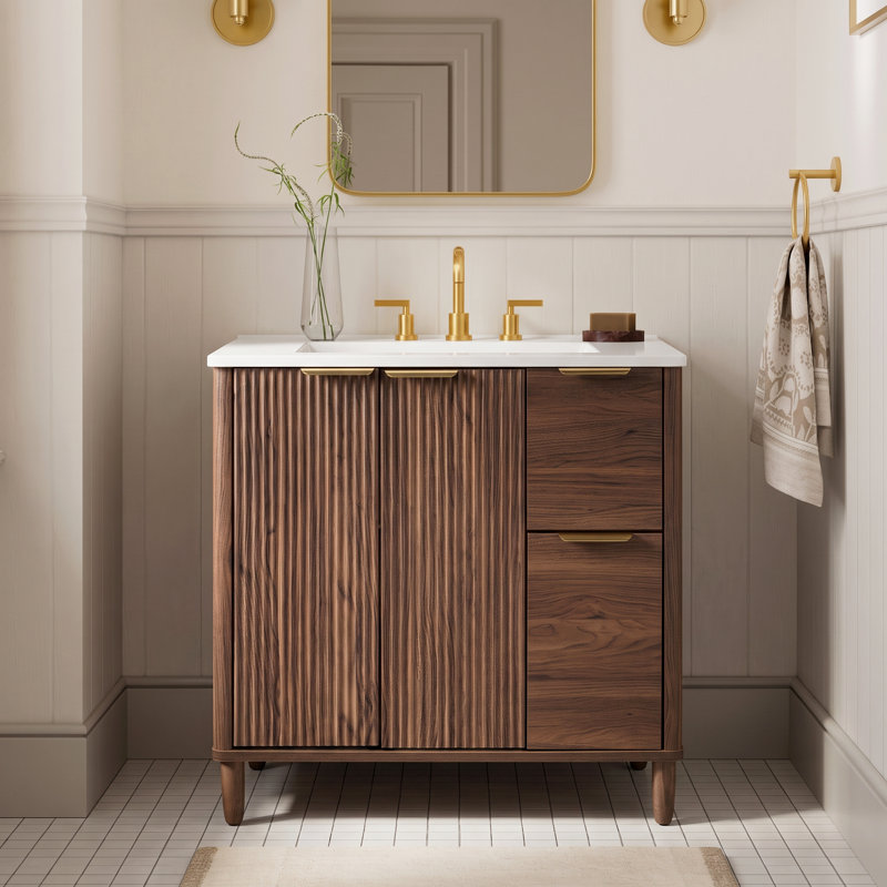 Meuble-lavabo moderne en noyer de 30 po avec portes cannelées à fermeture en douceur Marlen