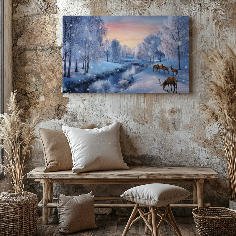 Toile, "Un paysage d'hiver serein à l'aube avec un ruisseau tranquille, art traversant une forêt enneigée, grands arbres givrés"