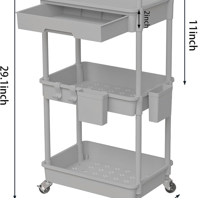 Carts With Wheels Handles Hanging Cups Hooks For Office,, Grey