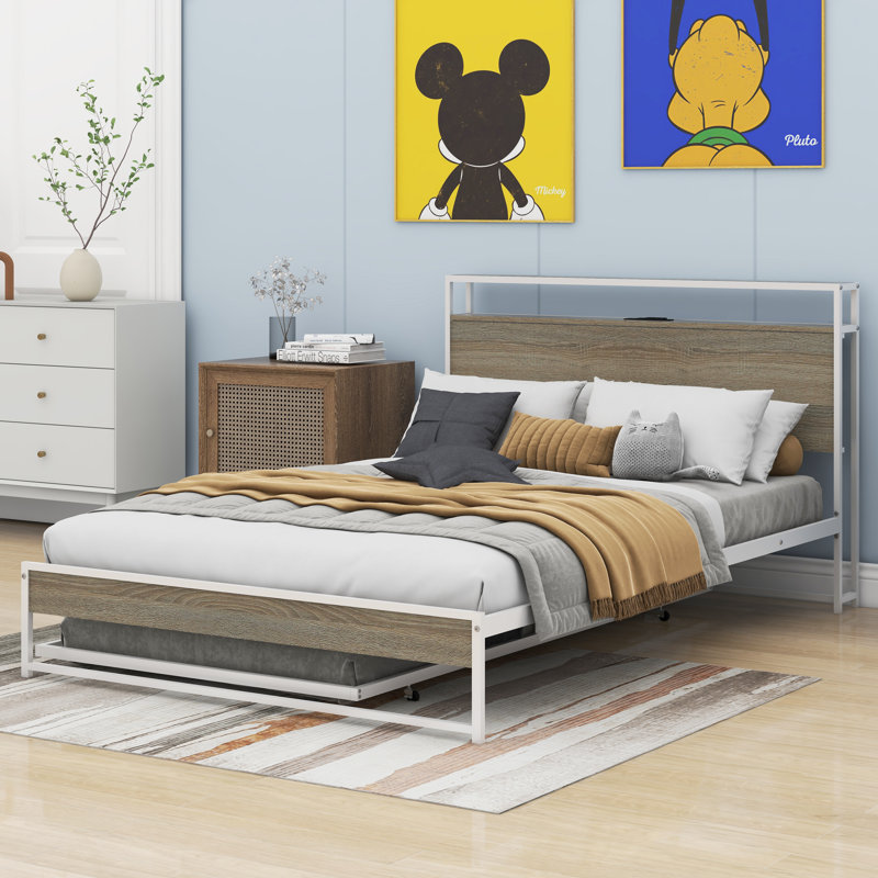 Full Size Metal Platform Bed Frame With Trundle And USB Ports, White