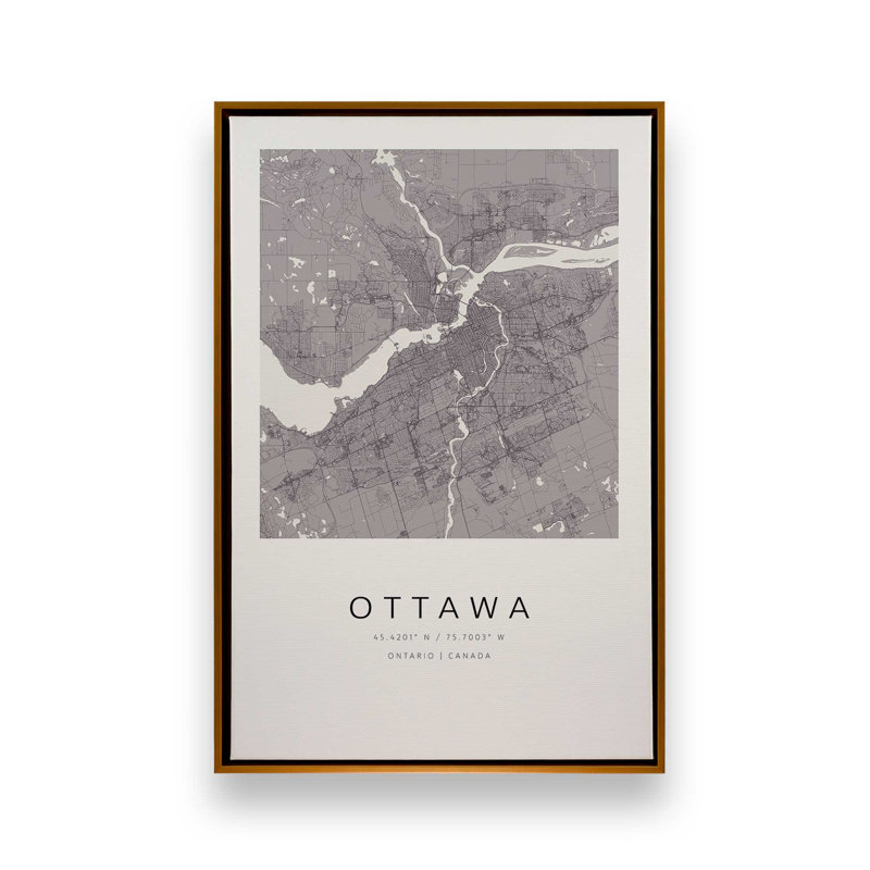 Ottawa Street Map, reproduction d'art sur toile, 8 po x 12 po, Cadre flottant doré poli