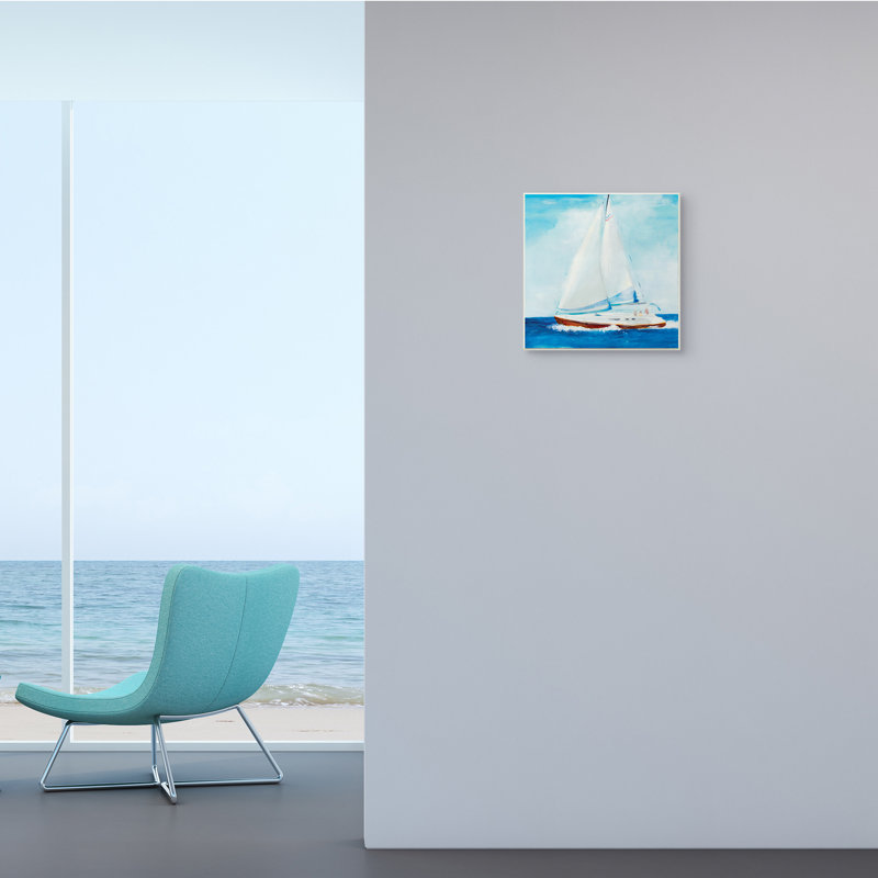 Voilier doux traditionnel d'été «Blue Waves» par Jill Martin - impression, H 12 po x l 12 po x P 0,5 po, Bois naturel