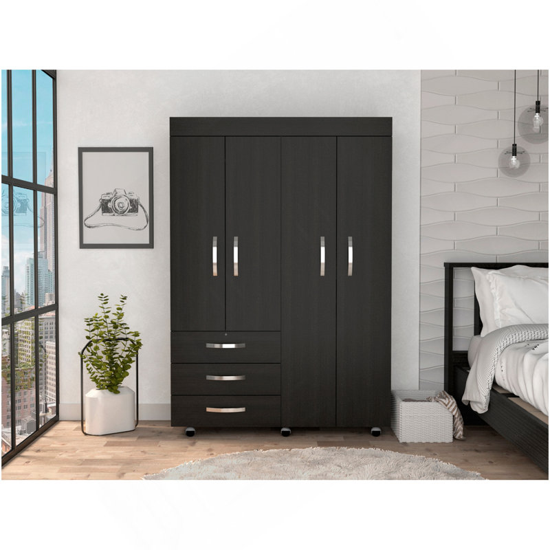 Armoire mobile Hamilton, armoire 4 portes, trois tiroirs, tringles, quatre tablettes, wengé noir - chambre à coucher, Noir