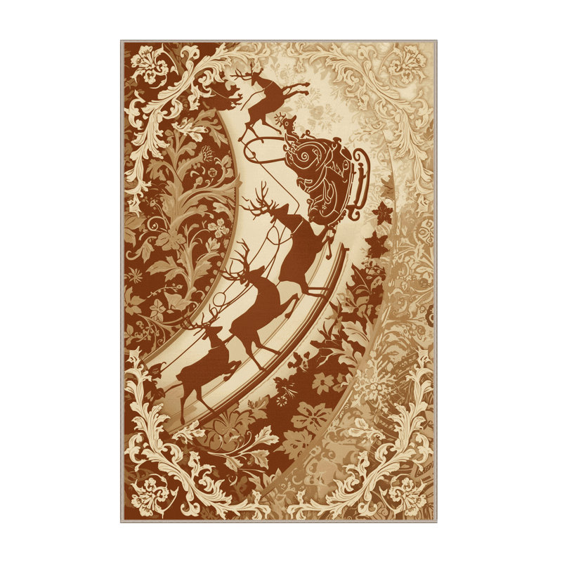 Machine Washable Eldred Sleigh With Reindeer Classic Damask Rug in Beige – Beige Binding, 2x4