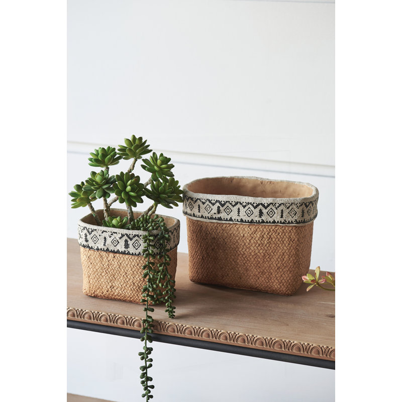 Set of 2 Rectangular Basket Sundy with Geometric Trim, Perfect for Rustic and Ethnic Decor, Indoor and Outdoor Use
