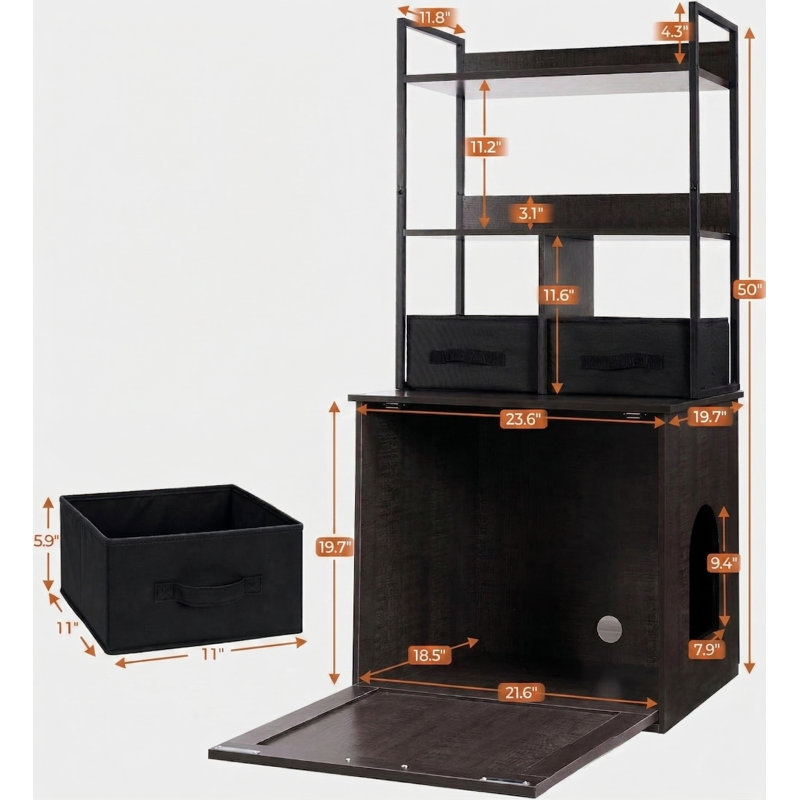 Enceinte cachée pour litière 2 en 1 avec 2 tablettes de rangement et 2 tiroirs, entrée réversible, tiroirs lavables, 50 po, gris foncé