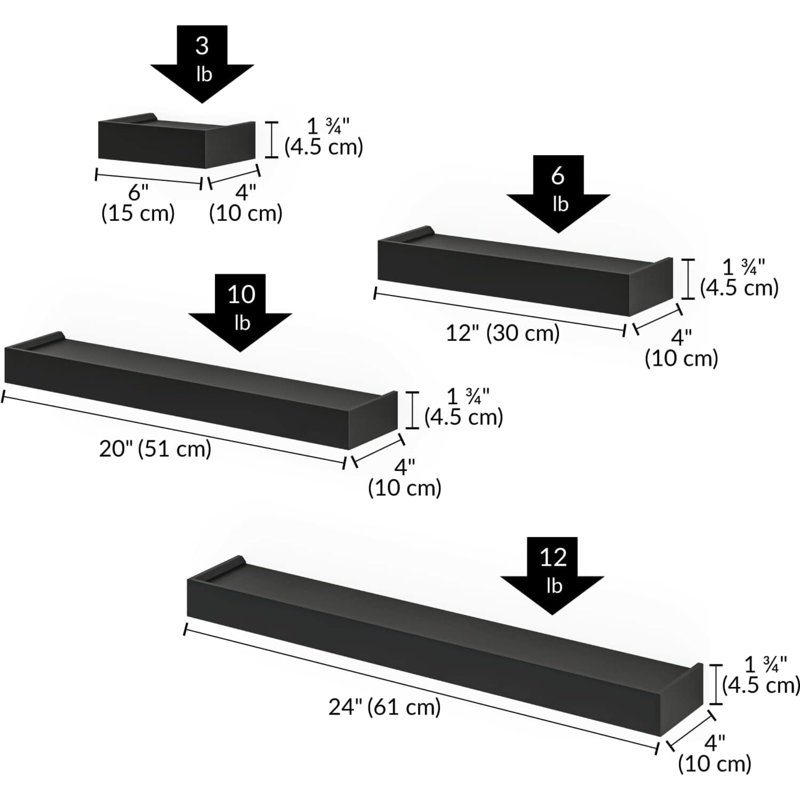 Array 4 Piece Floating Wall Shelves Set, Black