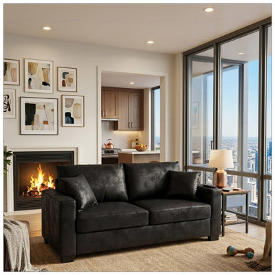 This 69-inch two-seater sofa features a Foil fabric and comes with two throw pillows, offering a comfortable seating experience suitable for any setti