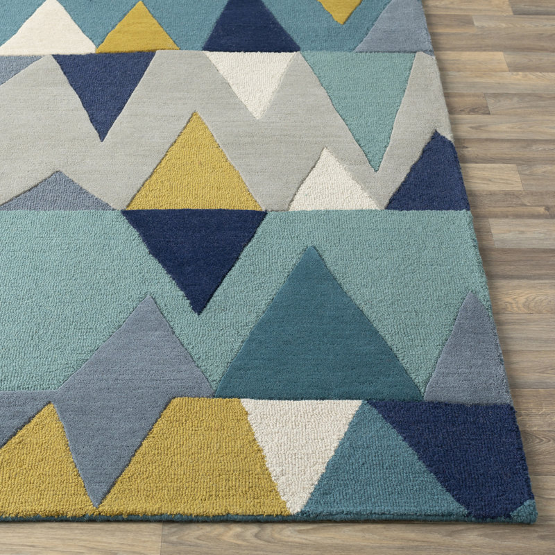 Tapis bleu sarcelle / bleu marine / jaune / gris en laine touffeté à la main Sandin, Rectangle 10 pi x 14 pi