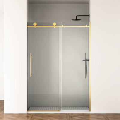 Porte de douche 50-54 po L x 75 po H, verre trempé transparent 8 mm, double revêtement nano, étanche, installation facile à faire soi-même, testée, finition or brossé pour porte coulissante de salle de bain moderne avec joint d'étanchéité silencieux 5/16 po 8 mm