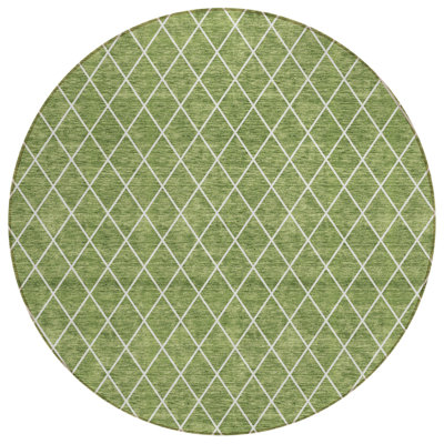 8' Green And Ivory Round Geometric Washable Indoor Outdoor Area Rug