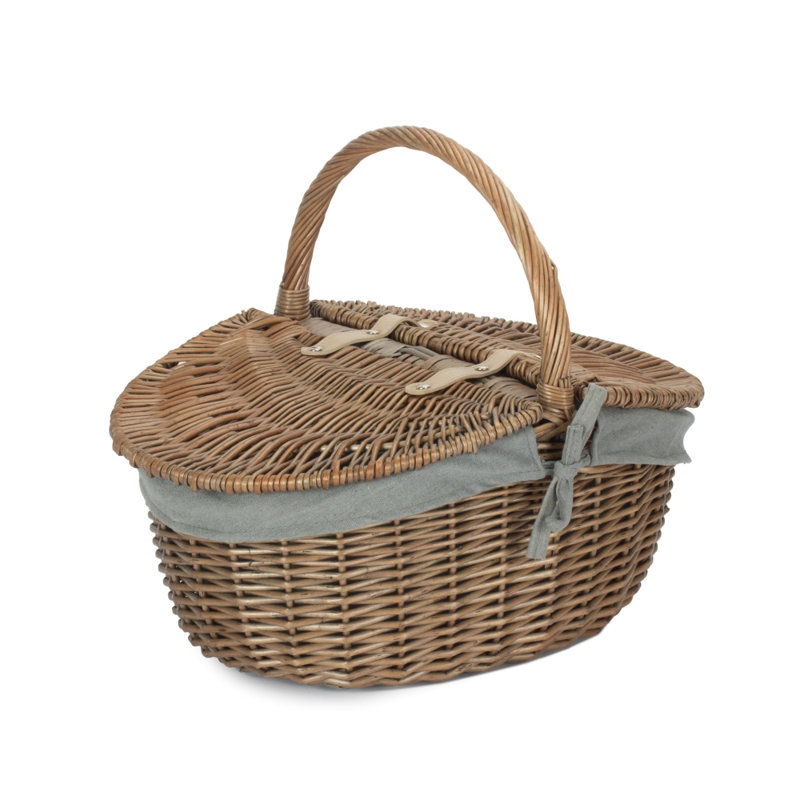 Small Wicker Picnic Basket with Lining, 19cm H x 35cm W x 42cm D, Antique Wash/Grey Lining