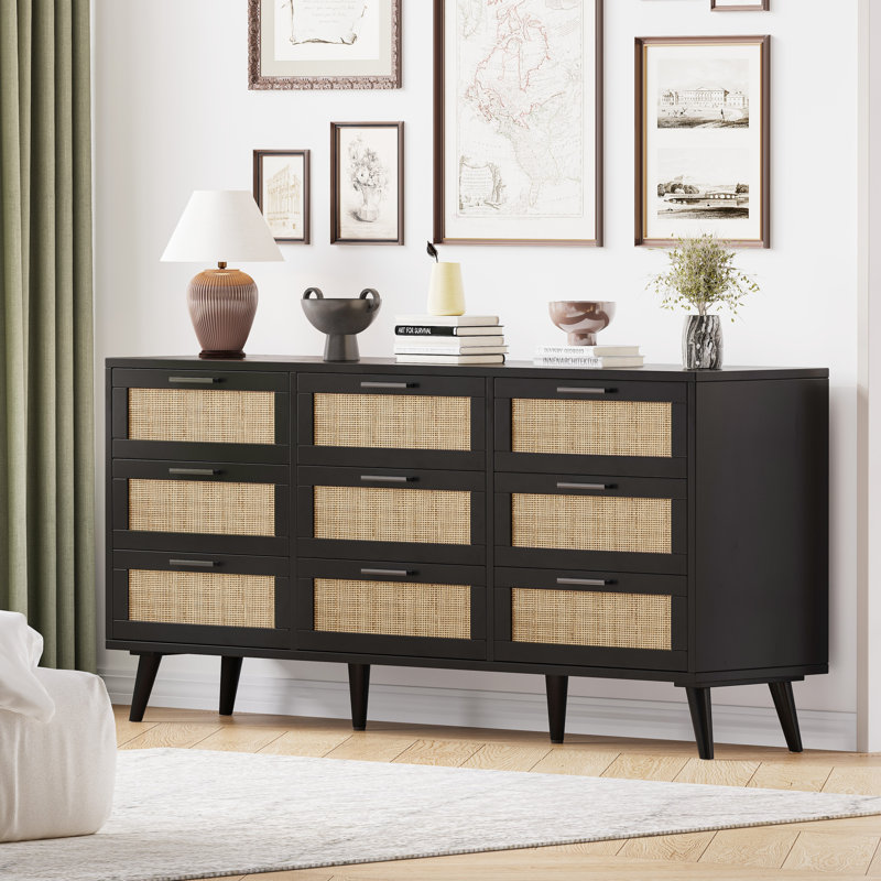 Airiona 9 - Drawer Dresser, Rattan Chest of Drawers, Modern Dresser for Bedroom, Gray