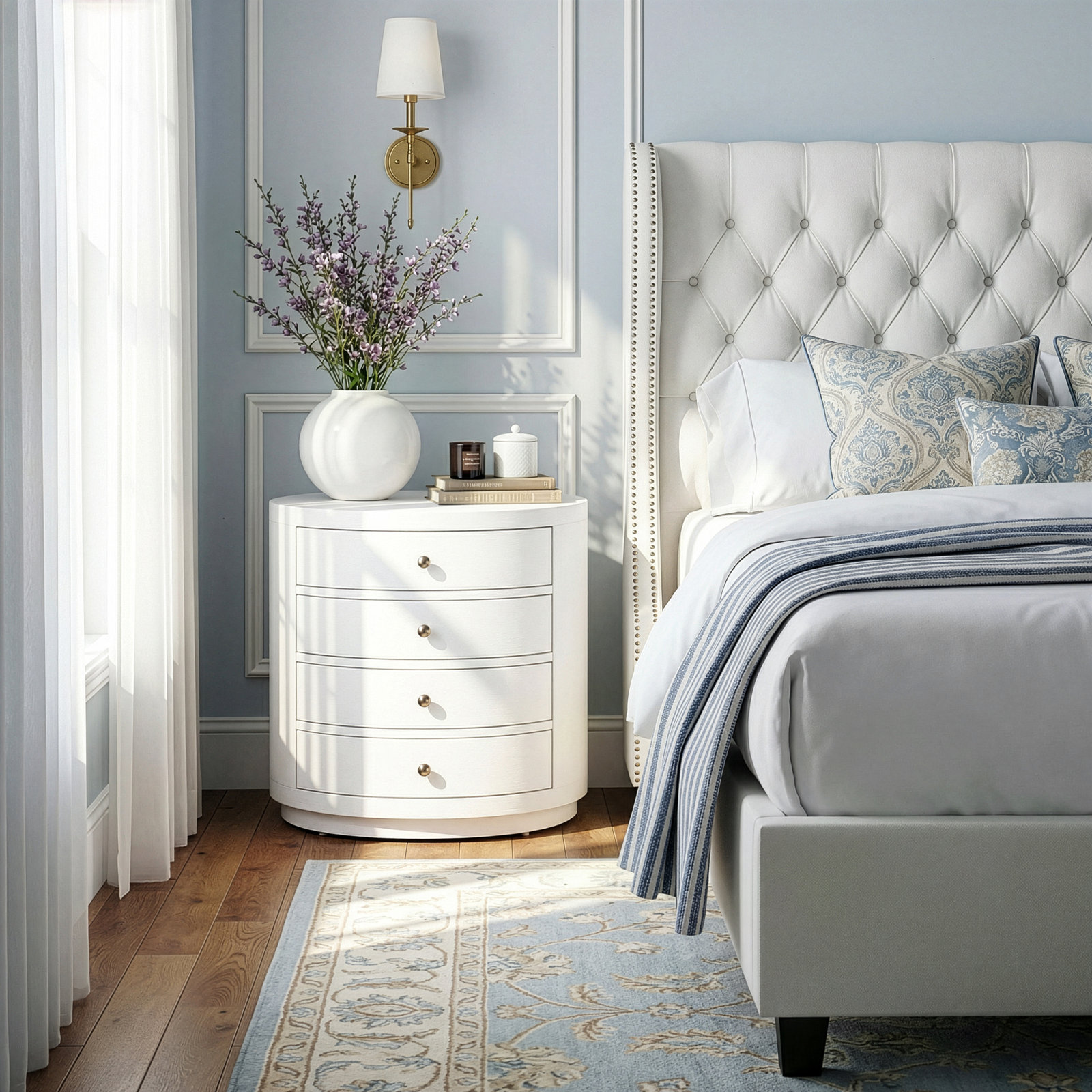 Nora 28 in. W Oval Wood 4 Drawer Nightstand, Antique Coffee, Textured White