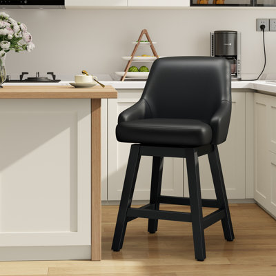 Tabourets de bar pivotants en similicuir rembourrés, hauteur du comptoir, avec dossier ergonomique ; chaises d'îlot de cuisine en bois massif avec accoudoirs et repose-pieds ; capacité de 159 kg (ensemble de 4, noir).