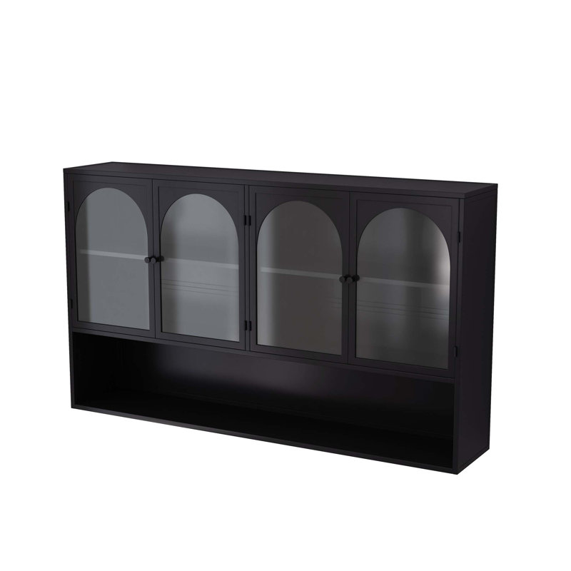 Armoire murale à quatre portes en verre, murale, convenant à la cuisine, au salon et à la salle de bain, Noir