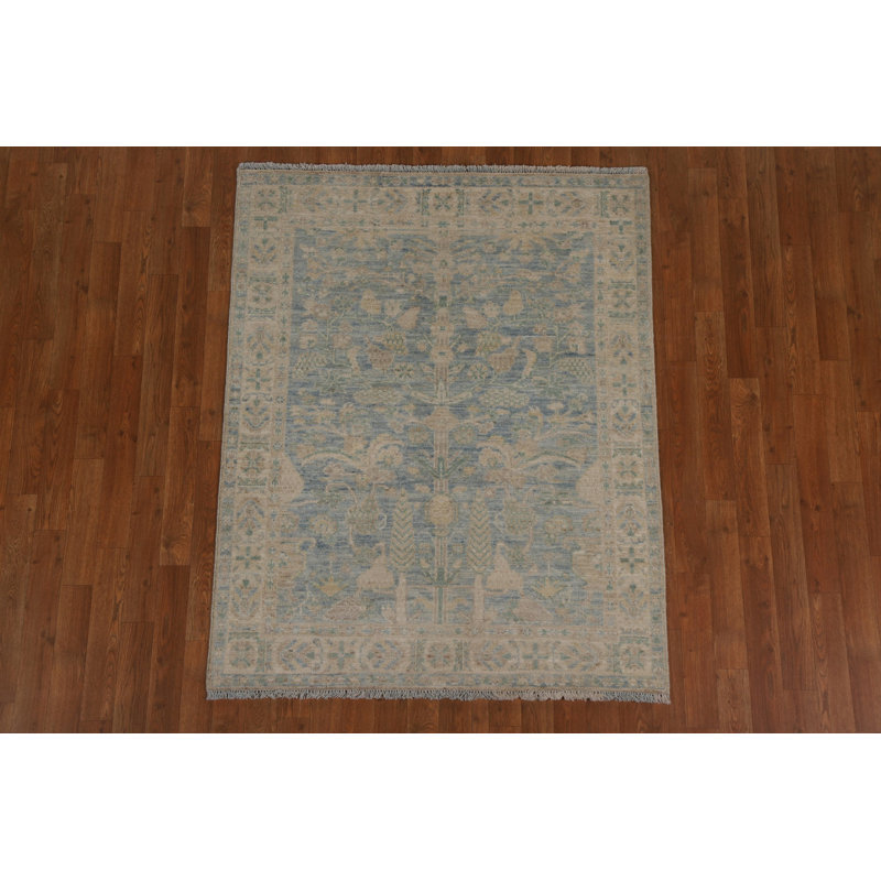 Tapis bleu en laine noué à la main de conception unique 3 pi 11 po x 4 pi 11 po New Age