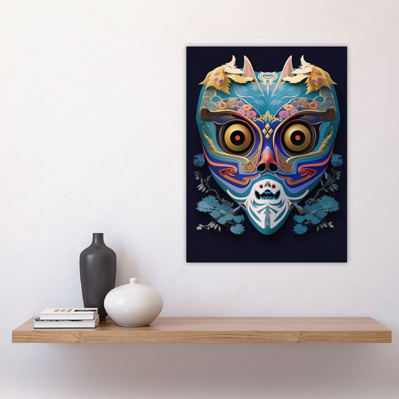 Wall Art Print Noh Theatre Mask Painting Intricate Details Floral Designs Supernatural Japan Creature Portrayal Forest Deity Role Poster
