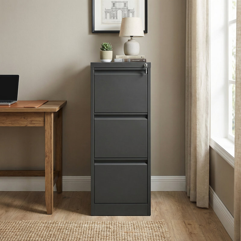 3-Drawer Vertical File Cabinet with Lock, Metal Storage Organizer for Home Office, Fits Letter A4 and Legal Size Files, Black