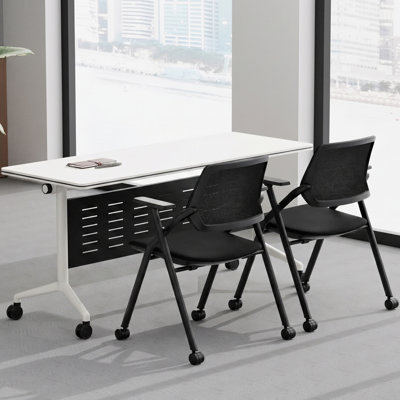 Healy 3 Pcs Training Room Table Set 1 Flip-Top Table With Modesty Panel In White & 2 Training Chairs BIFMA-Certified