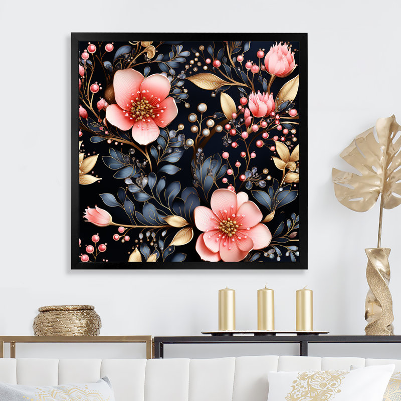 Cristal fleuri motif floral II - art mural floral, H 36 po x l 36 po x P 1,5 po, Cadre simple noir