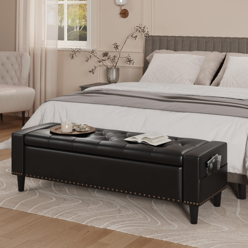 60" Faux Leather Storage Ottoman Bench, Black