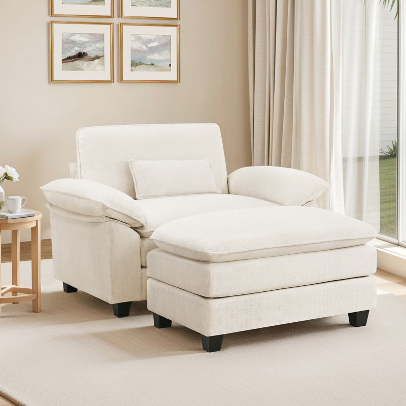 Upholstered Extra Wide Accent Chair With  Rectangle Ottoman, Beige