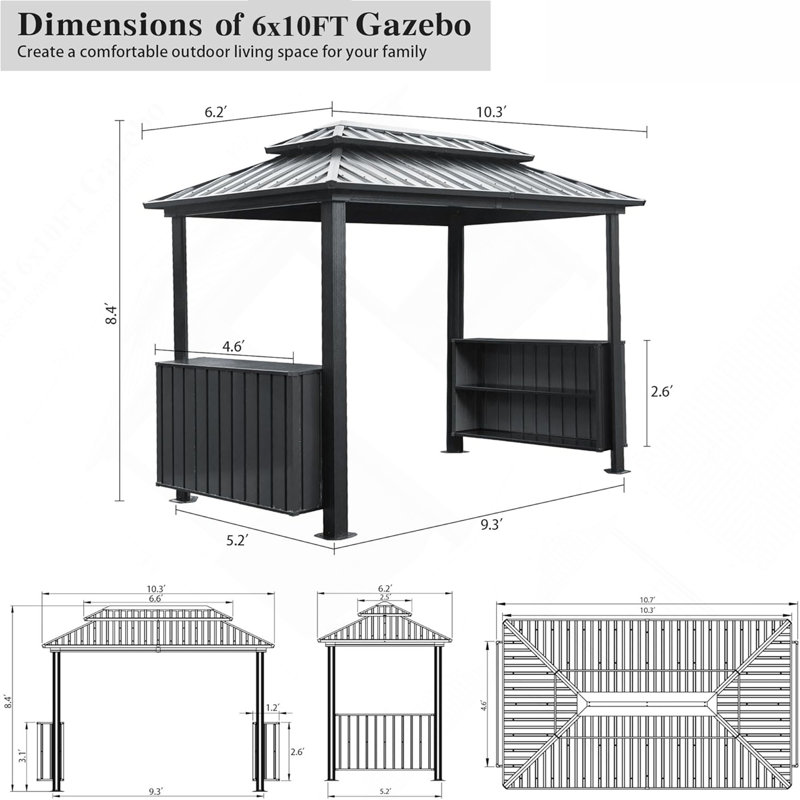Pavillon de jardin à toit rigide 6X10ft, Gris