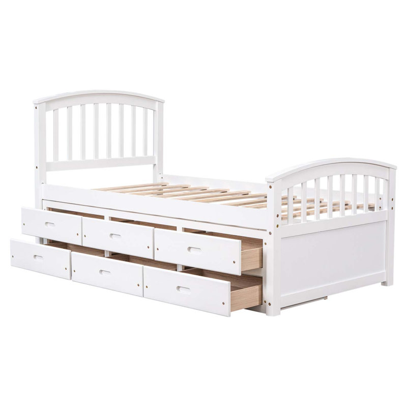 Lit plateforme simple avec rangement en bois massif et 6 tiroirs, blanc, Blanc