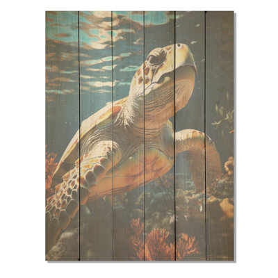 «Whimsical Of A Turtle As A Ocean Explorer» - art mural panneau de bois de tortue sur bois de pin naturel